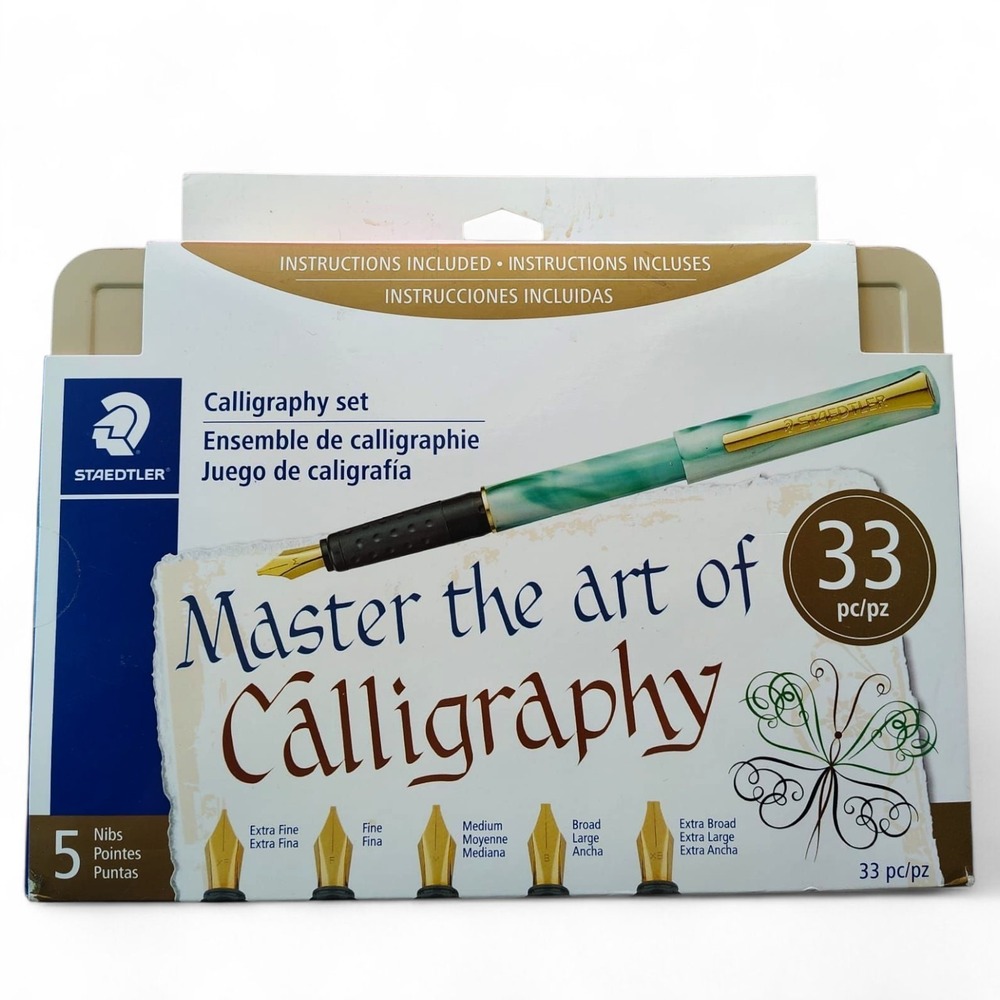 Staedtler Calligraphy Pen Set 33 pc Art Kit 5 Nibs 20 Ink Cartridges Metal Tin